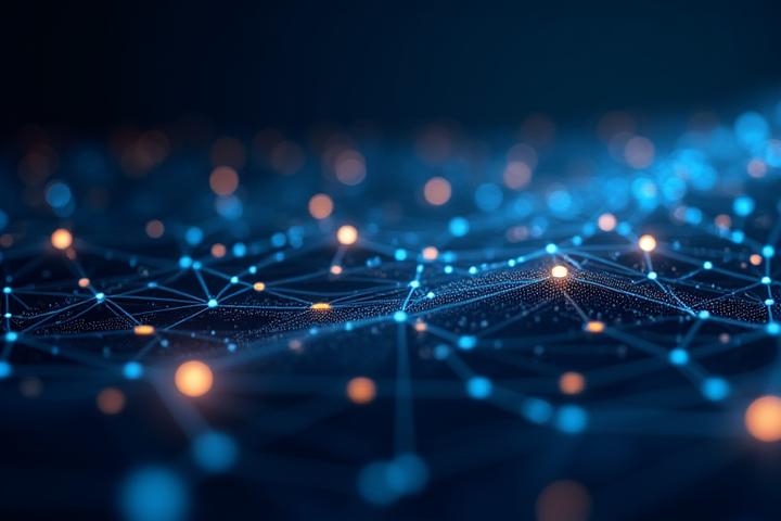 Abstract representation of a decentralized network with glowing nodes and lines, symbolizing blockchain technology and its interconnectedness