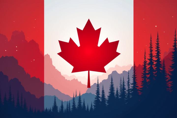 The Canadian flag subtly integrated with abstract digital currency symbols and financial graphs, representing regulation and compliance in Canada