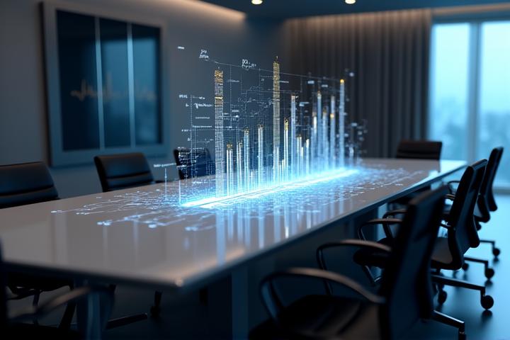 A modern, sleek conference room table with a holographic projection of financial charts and digital currency symbols, emphasizing institutional finance and technology