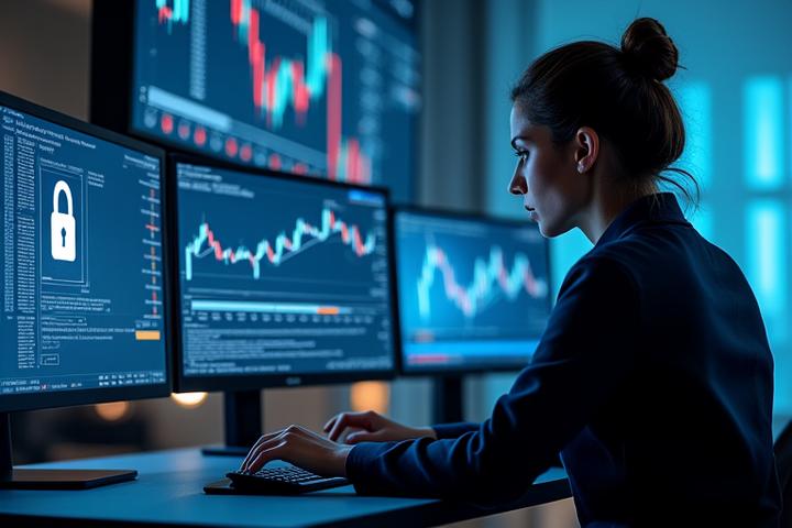 Professional at a desk with multiple screens showing cryptocurrency charts and a secure digital padlock icon