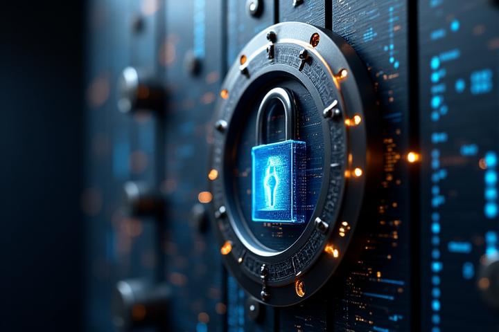 A secure vault door or a padlock with digital circuit patterns, symbolizing robust digital asset security and risk management
