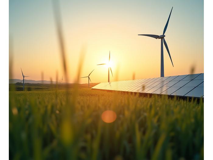 Wind turbines against a sunrise with a solar panel array close up, symbolizing clean energy investment.
