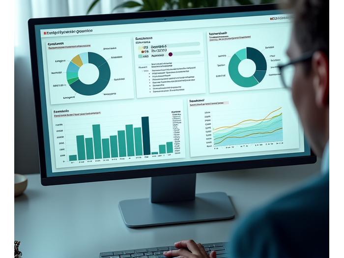 Digital dashboard displaying environmental and social impact metrics, graphs, and data points, symbolizing transparent reporting.