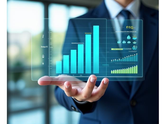 Professionals analyzing ESG data on a digital dashboard, showcasing sustainable investment solutions.