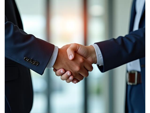 Two business professionals shaking hands over a blurred background of a modern office, representing successful succession.