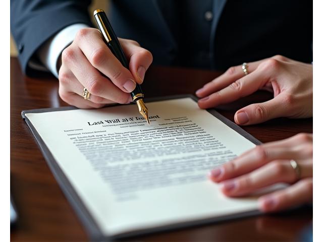 A close-up of a hand signing a will document with a fountain pen, witnessed by another hand.