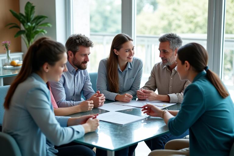 A diverse family group meeting around a table, actively engaged in discussion with professional guidance, symbolizing effective family governance and communication.