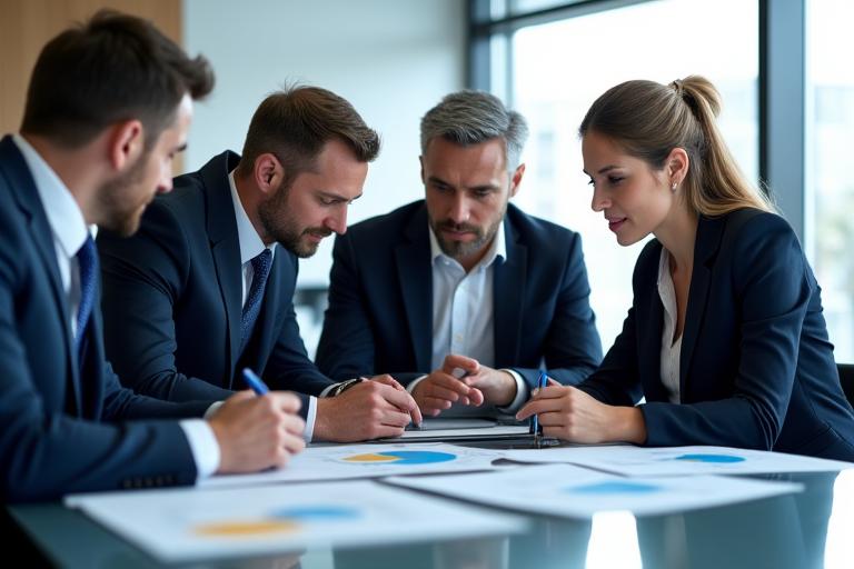A diverse professional team collaborating around a table, representing Advisico's dedicated family office team, embodying expertise and personalized service.
