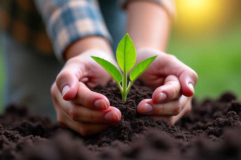 A caring hand placing a small tree sprout in fertile soil, symbolizing growth, legacy, and philanthropic investment.