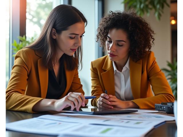 Two women discussing financial documents in a modern office