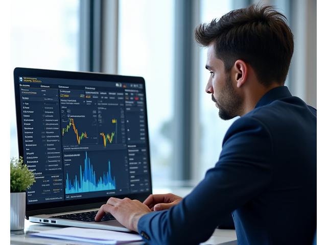 Person using a laptop displaying financial news and reports, with graphs on screen, symbolizing research.