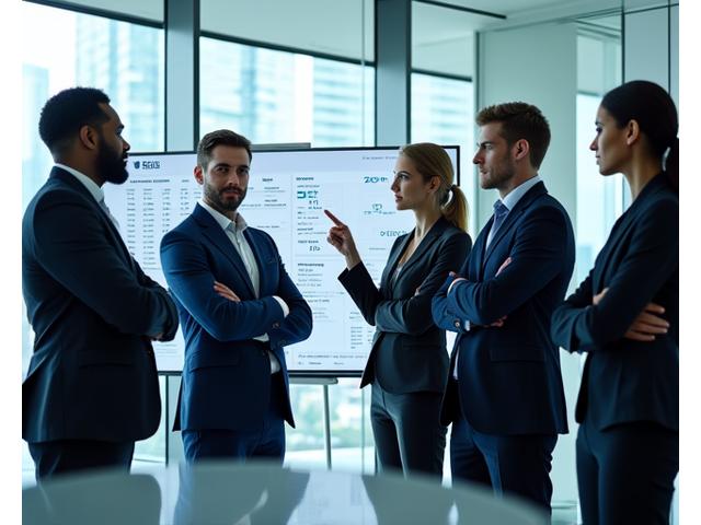Group of diverse financial professionals in a meeting room, collaborating on a large digital display with charts and data.