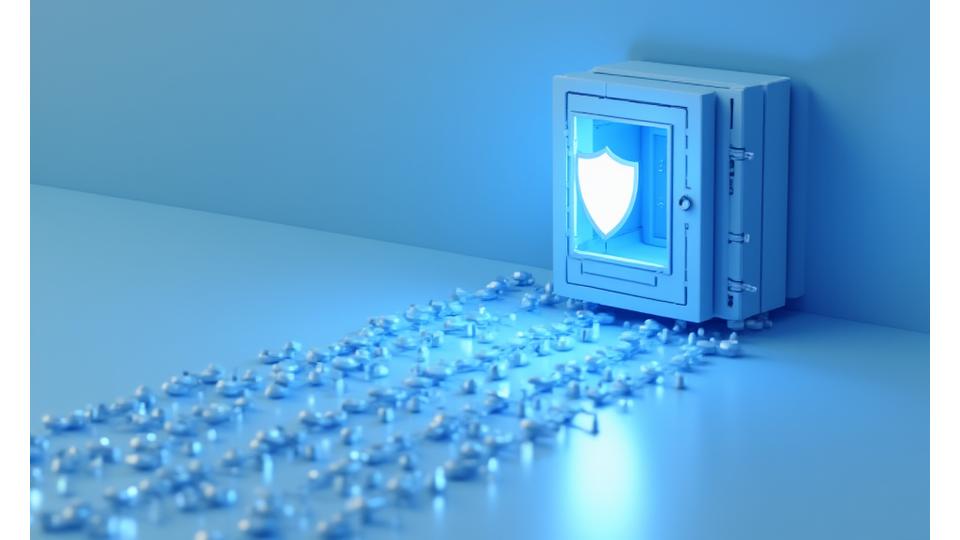 Abstract illustration of data points flowing into a secure, stylized vault, representing responsible information gathering.