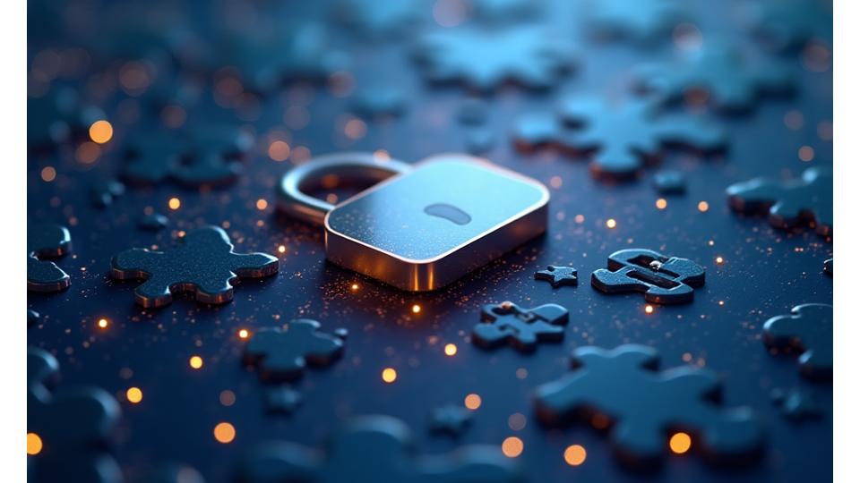 Illustration of intertwined gears and a lock, symbolizing data security and compliance in finance.
