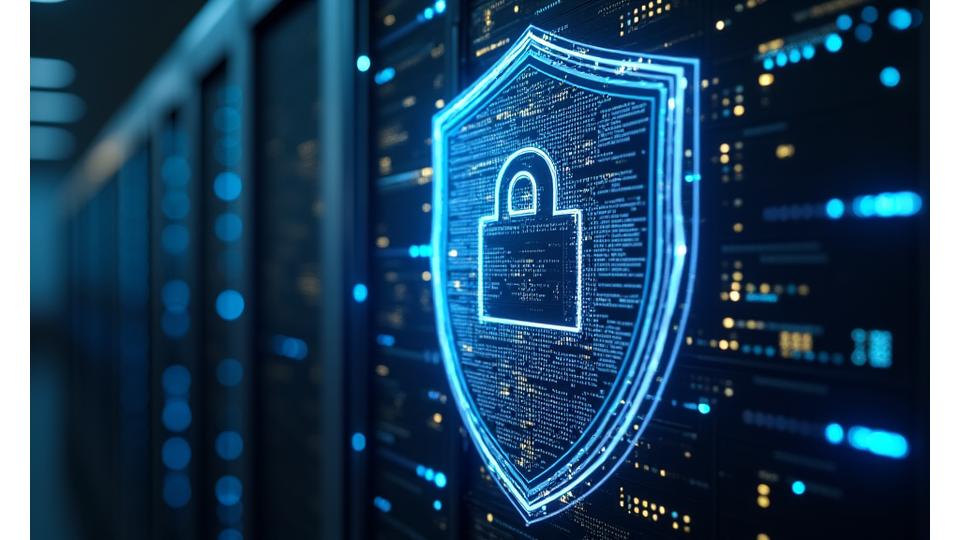 High-tech digital data protection illustration with glowing cyber security elements and padlock icons.