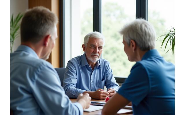 Senior couple discussing healthcare documents with a financial advisor