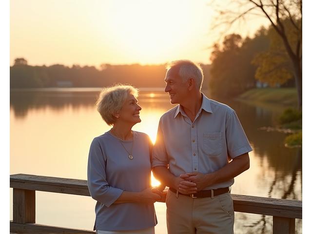 Happy senior couple looking at serene lake, symbolizing secure retirement