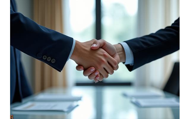 Close-up of a professional handshake, symbolizing trust and agreement in financial partnership.
