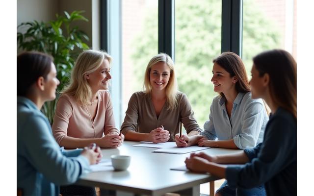 A diverse group of women engaged in a comfortable, bright workshop setting, perhaps learning about finance, symbolizing empowerment through education.