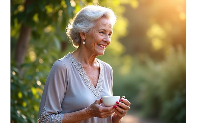 An older woman smiling and looking healthy, perhaps engaging in a light outdoor activity, symbolizing successful longevity planning and financial security.