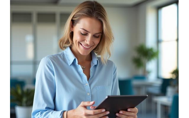 A confident woman reviewing financial documents on a tablet, symbolizing smart financial planning and empowerment.