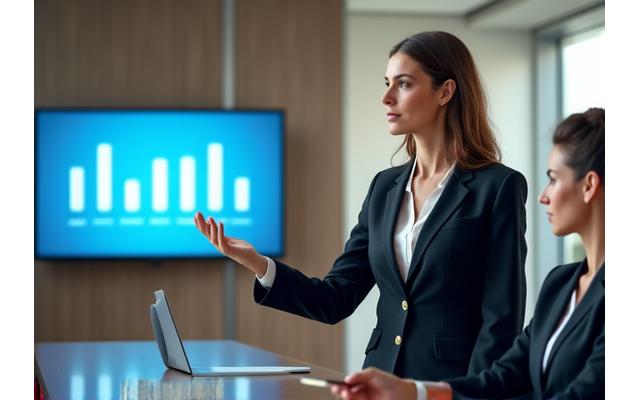 A woman confidently presenting a chart during a financial discussion, indicating active participation and leadership in wealth management.